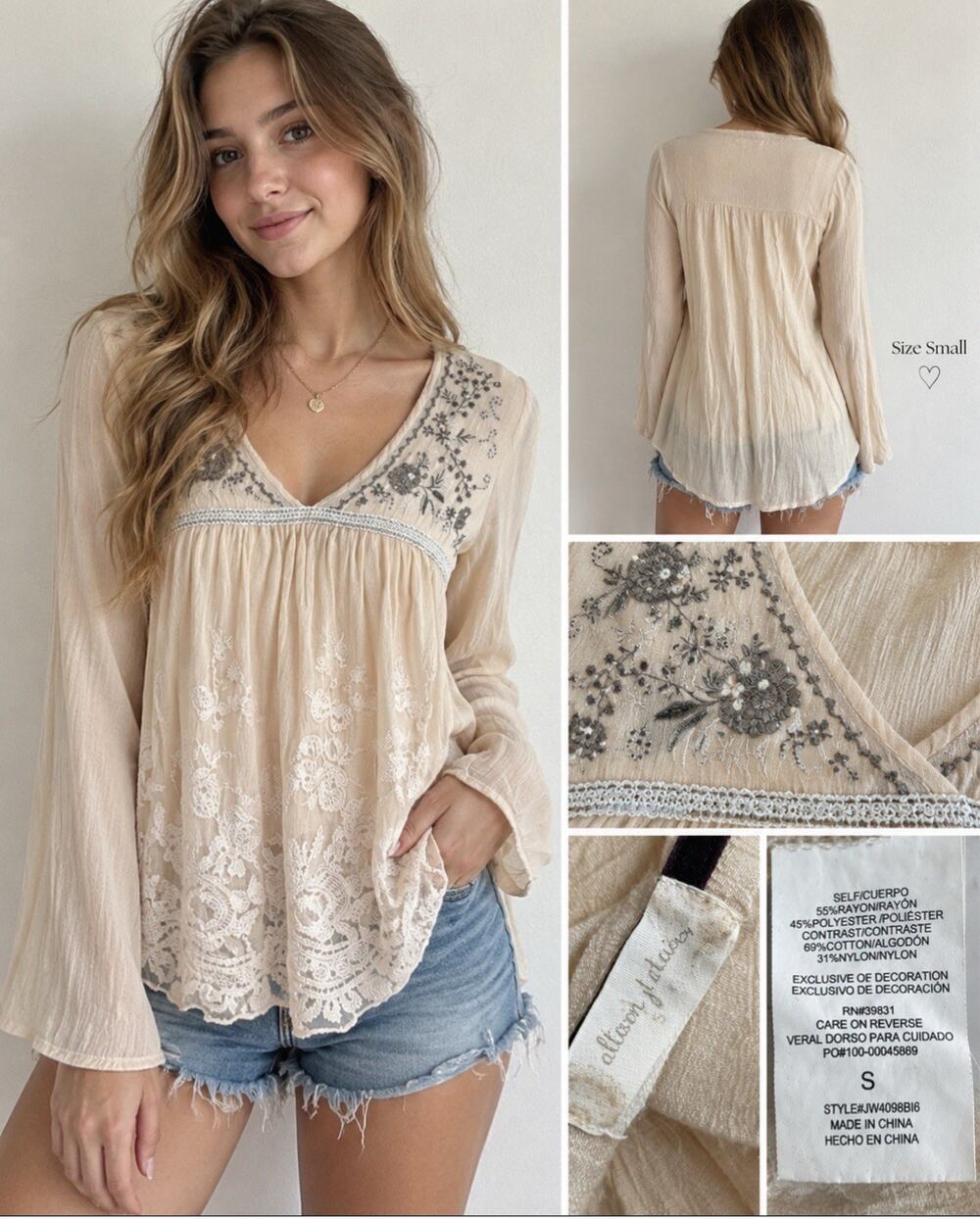 Boho Altar'd State Women's Embroidered Lace Top Size S Cream Floral